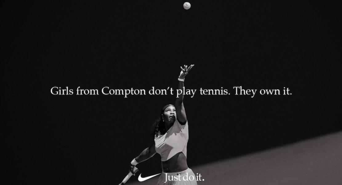 The image features Serena Williams in the Nike brand campaign.