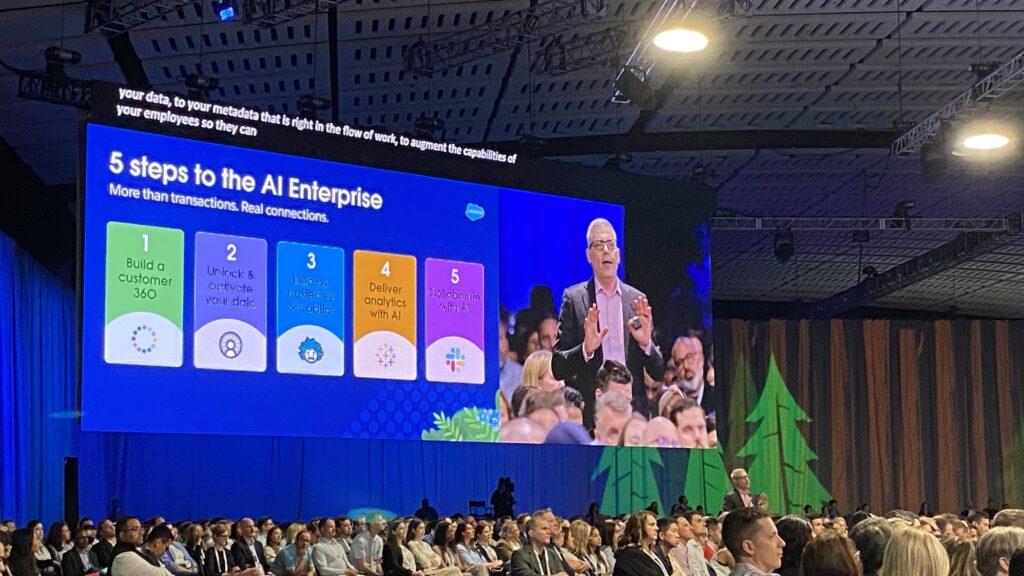 The following image showcases an audience at Salesforce Connections 2024 hearing Ariel Kelman on AI.